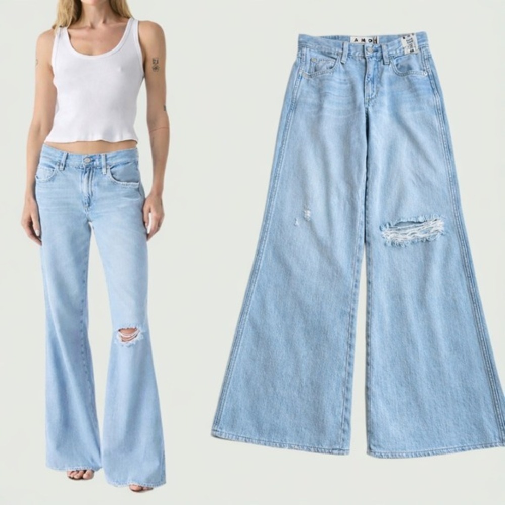 AMO Faith Flare Jeans Light Wash Distressed Ripped Knee Relaxed Fit Mid Rise 23